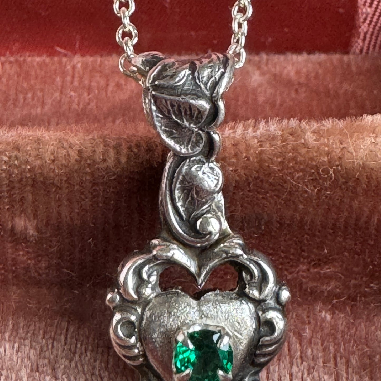 Victorian Gothic artisan heart emerald necklace in Sterling Silver