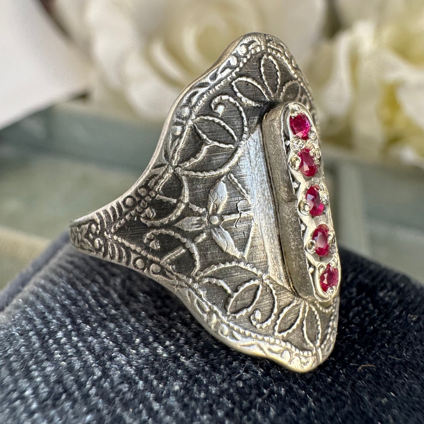 Victorian Gothic Artisan Ruby filigree cigar band ring in Sterling Silver