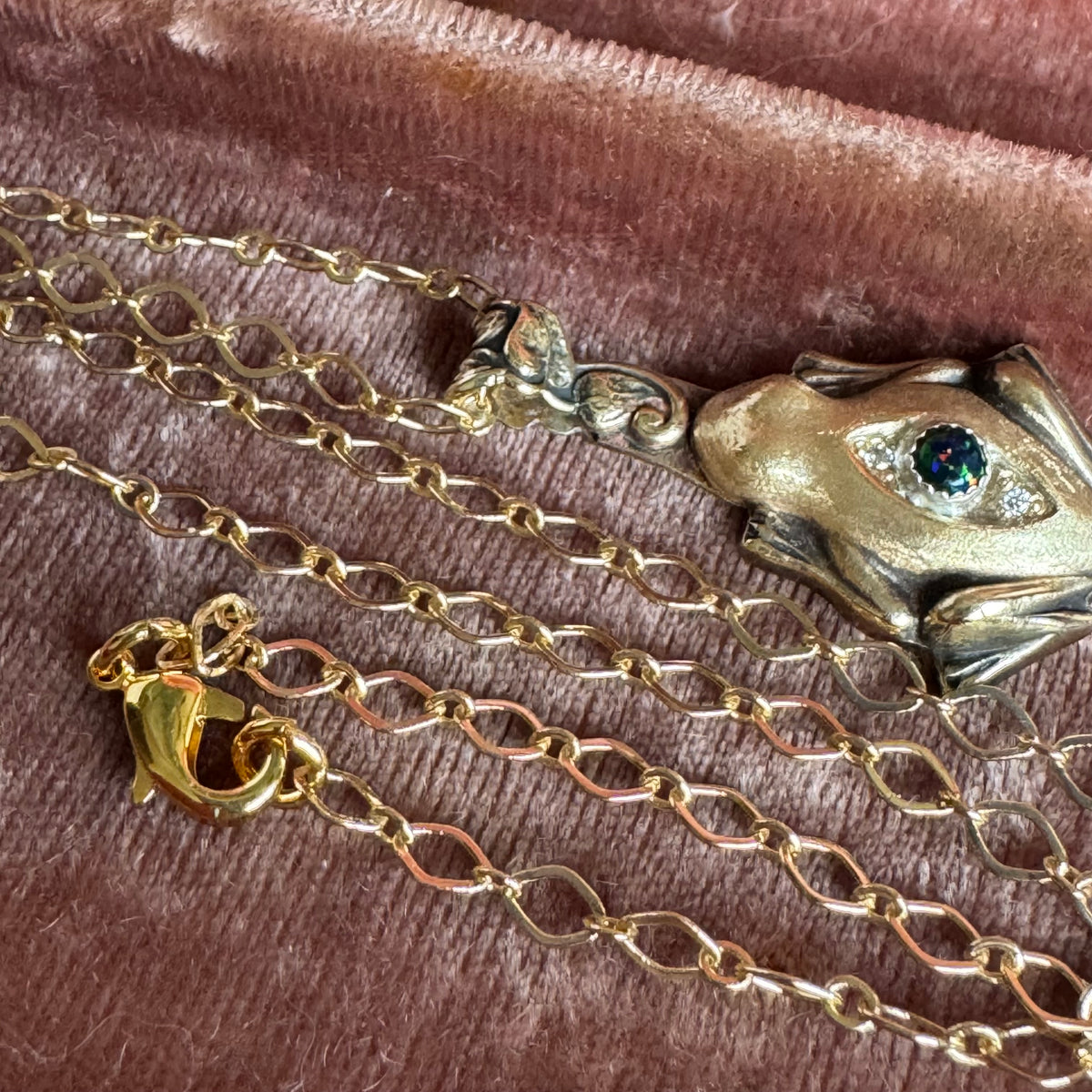 Artisan Frog Black Kyocera Opal and Moissanite necklace in Brass