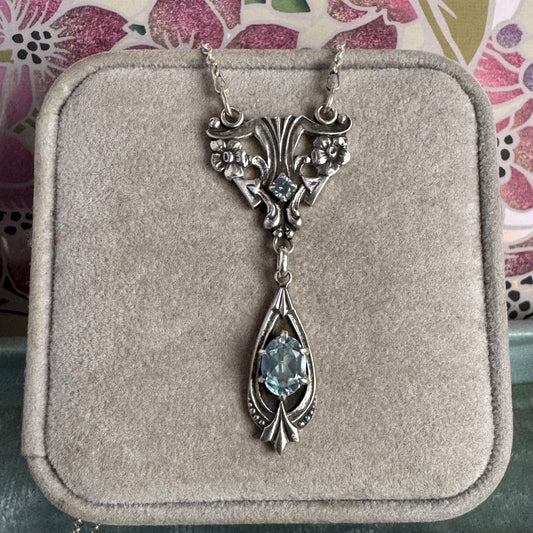 Artisan Art Deco Blue Topaz and Aquamarine Spinel Sterling Silver necklace