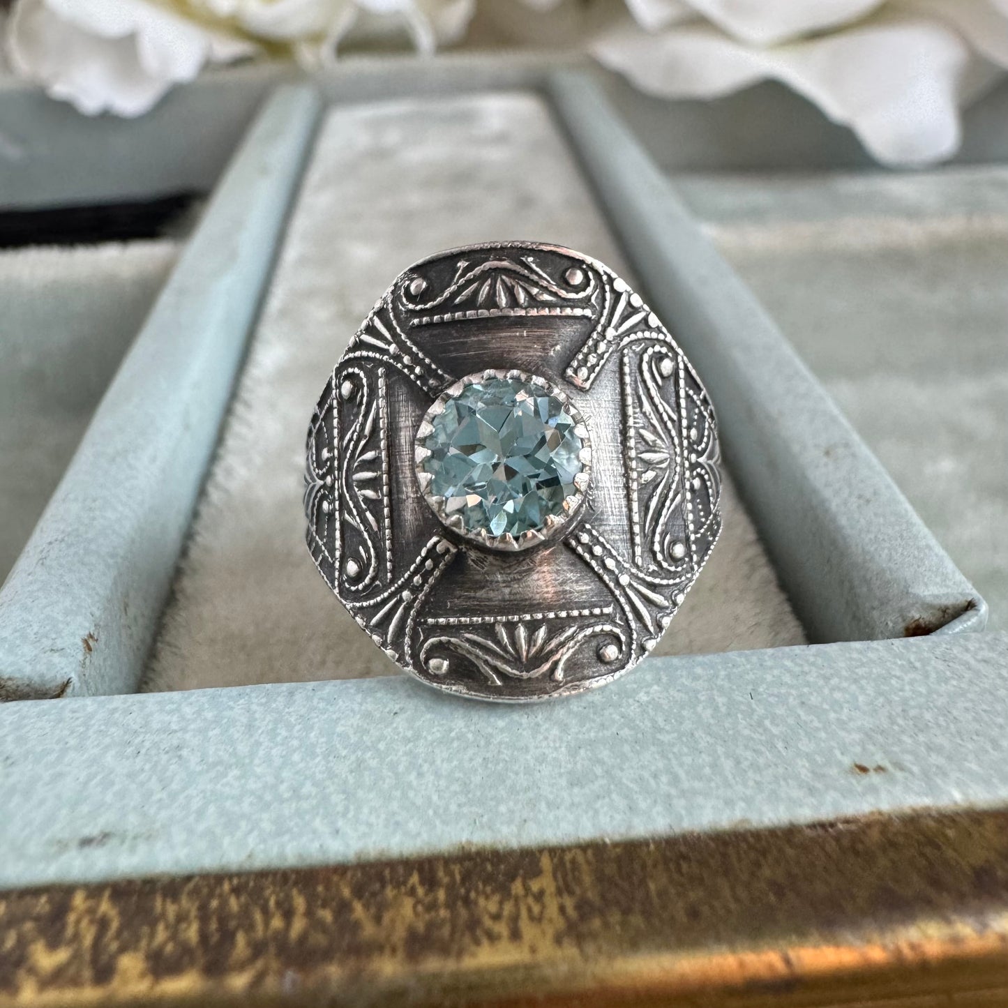 Art Deco filigree 1 carat Blue Topaz artisan cigar band ring in Sterling Silver