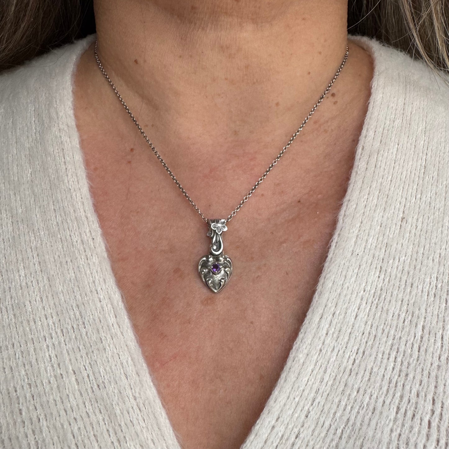 Amethyst Victorian Gothic artisan heart necklace in Sterling Silver