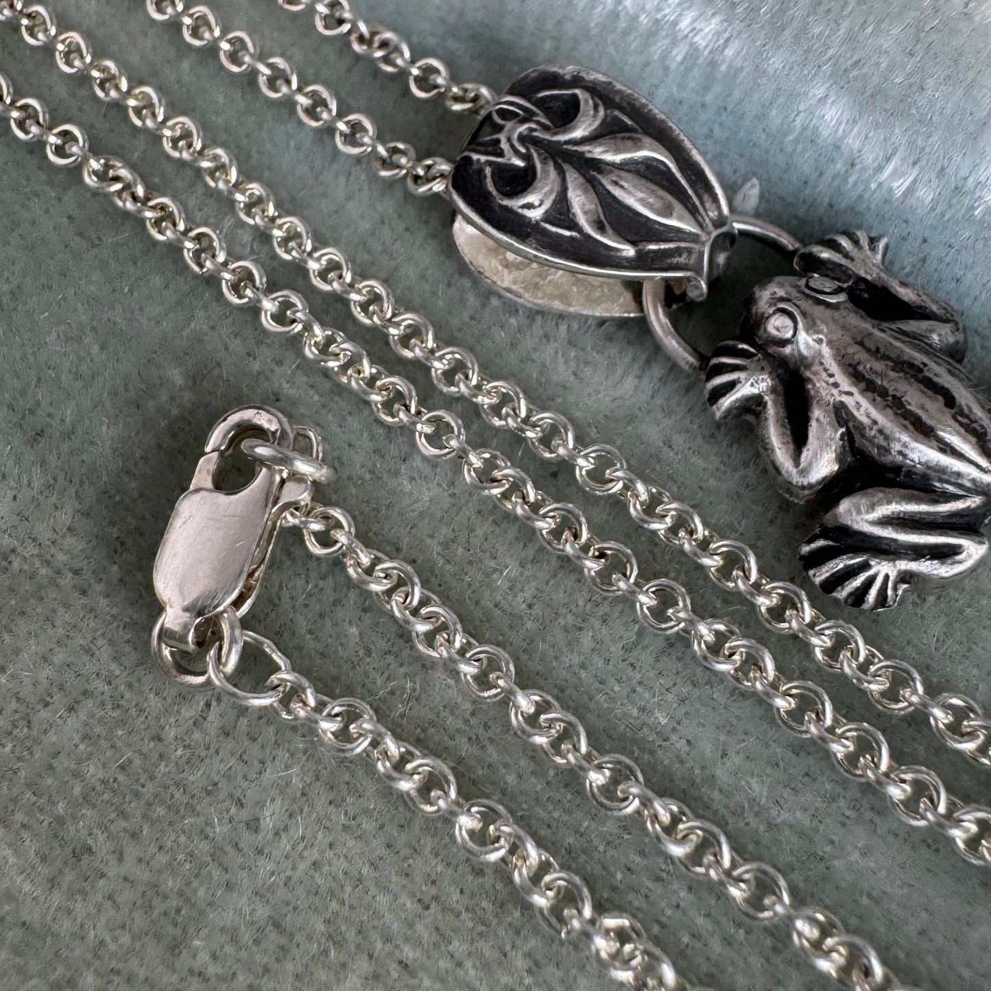 Artisan antique frog botanical necklace in Sterling Silver