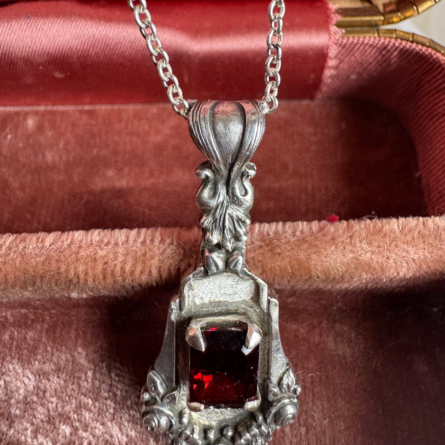 Garnet Victorian floral Artisan Sterling Silver necklace