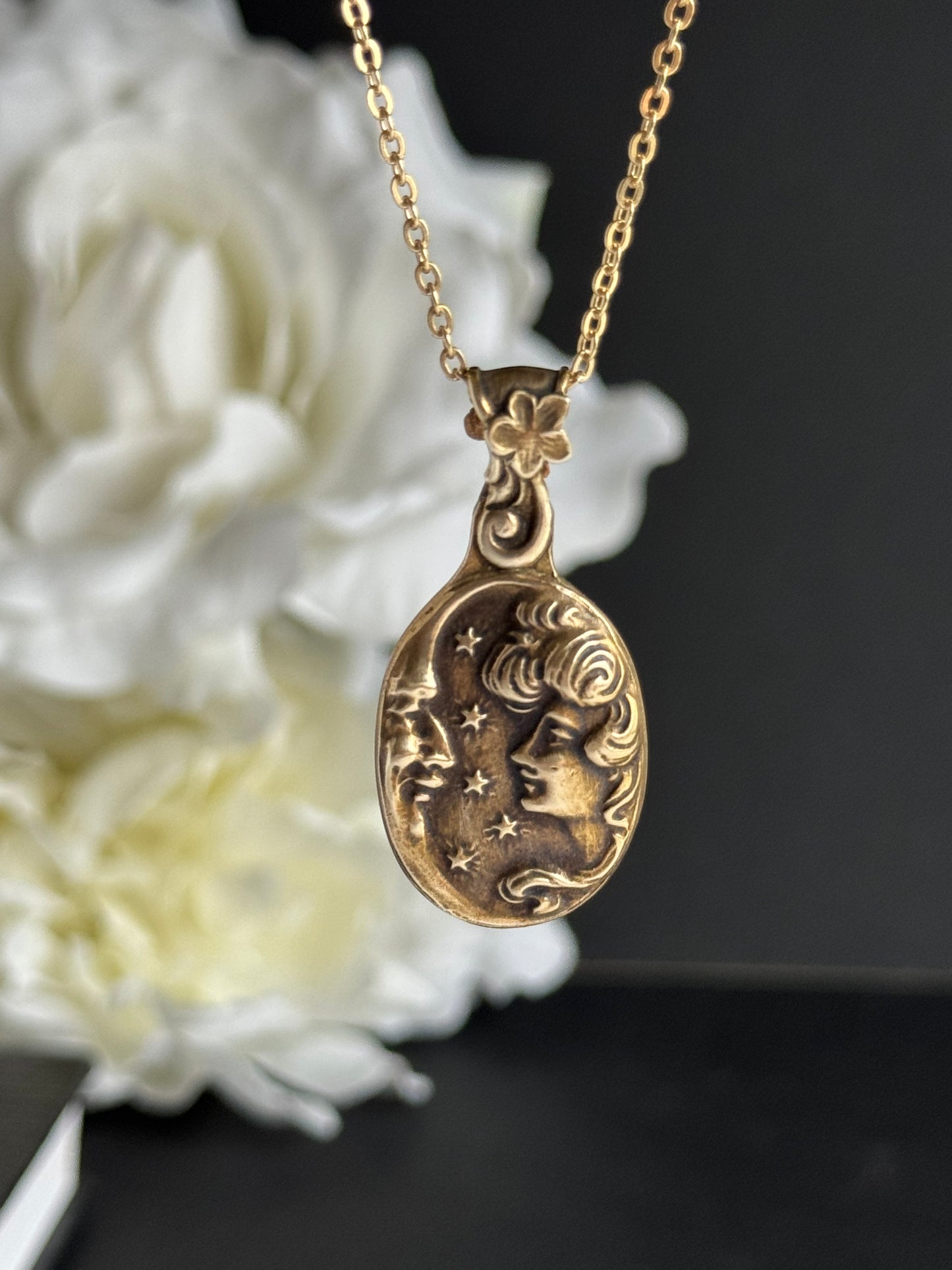 Art Nouveau Moon and Maiden artisan brass necklace
