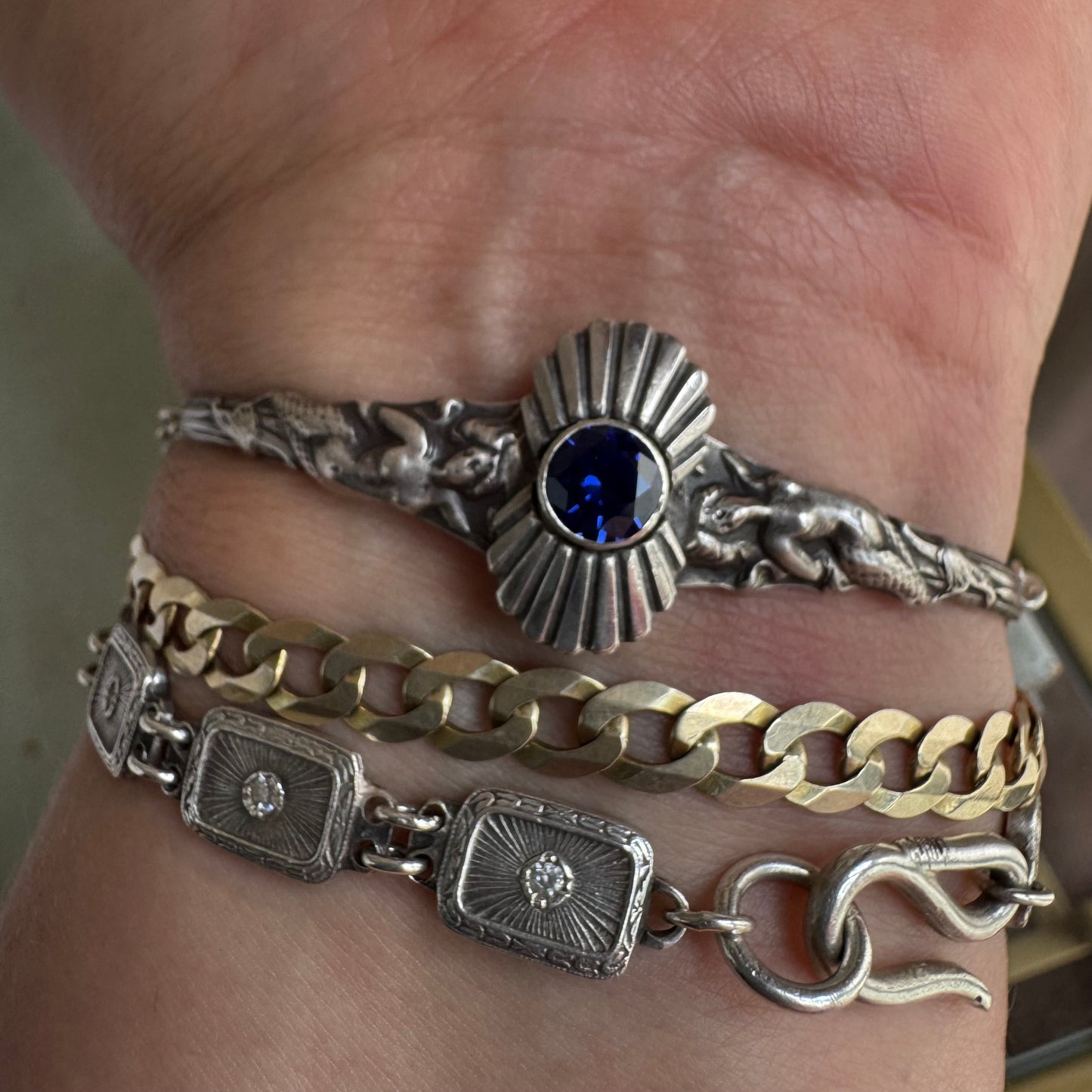 Art Nouveau Mermaids and Sapphire cuff and chain bracelet in Sterling Silver