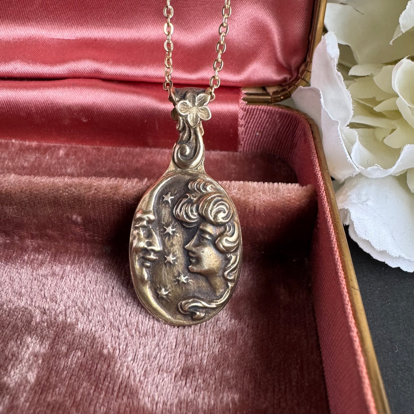 Art Nouveau Moon and Maiden artisan brass necklace