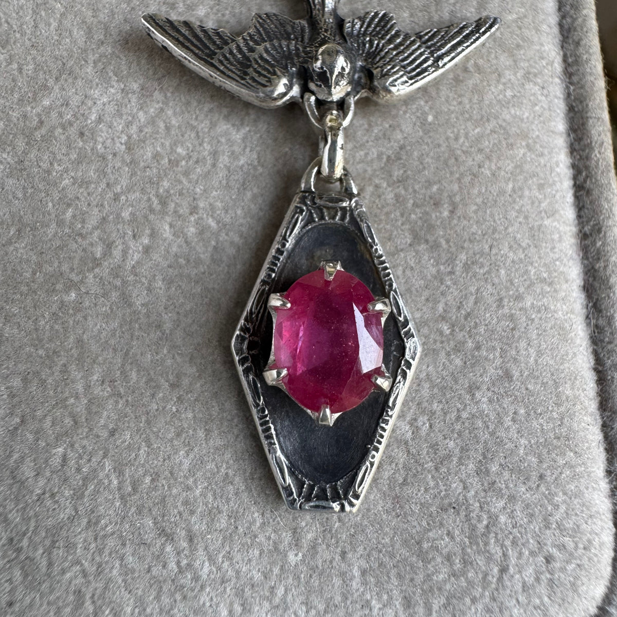 Victorian Gothic Pink Sapphire and Ruby artisan bird necklace in Sterling Silver