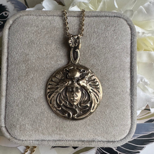 Art Nouveau Witchy Woman artisan brass necklace