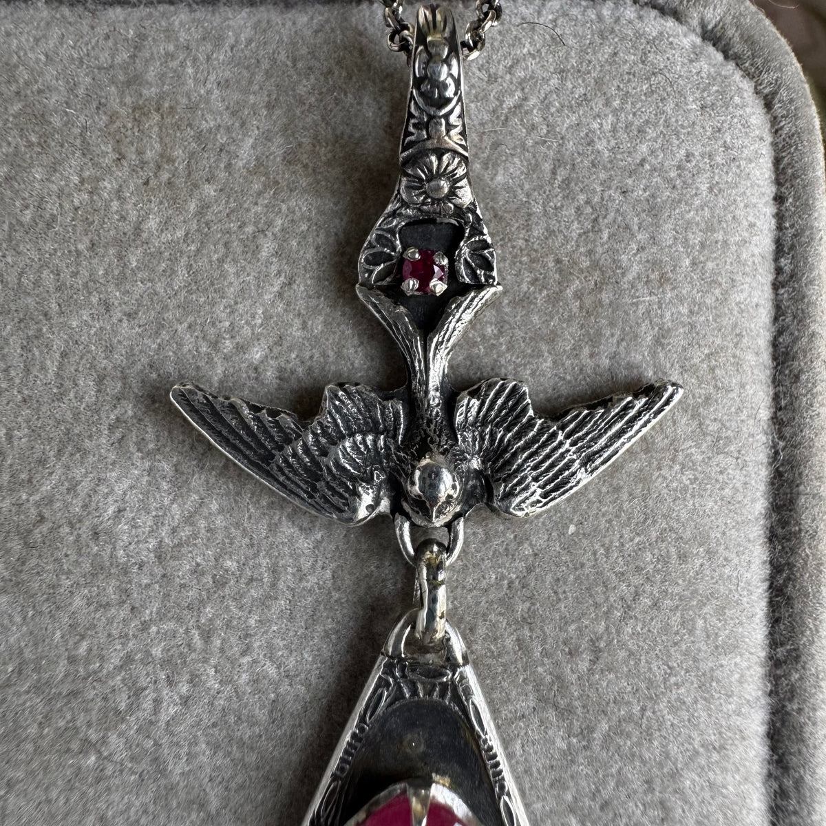 Victorian Gothic Pink Sapphire and Ruby artisan bird necklace in Sterling Silver