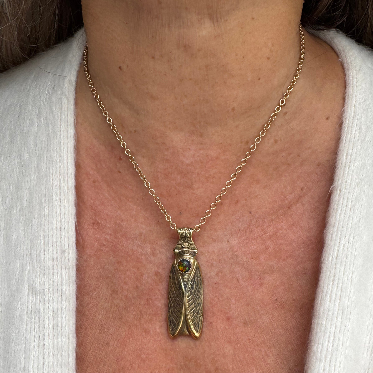Cicada and Black Kyocera Opal brass artisan necklace
