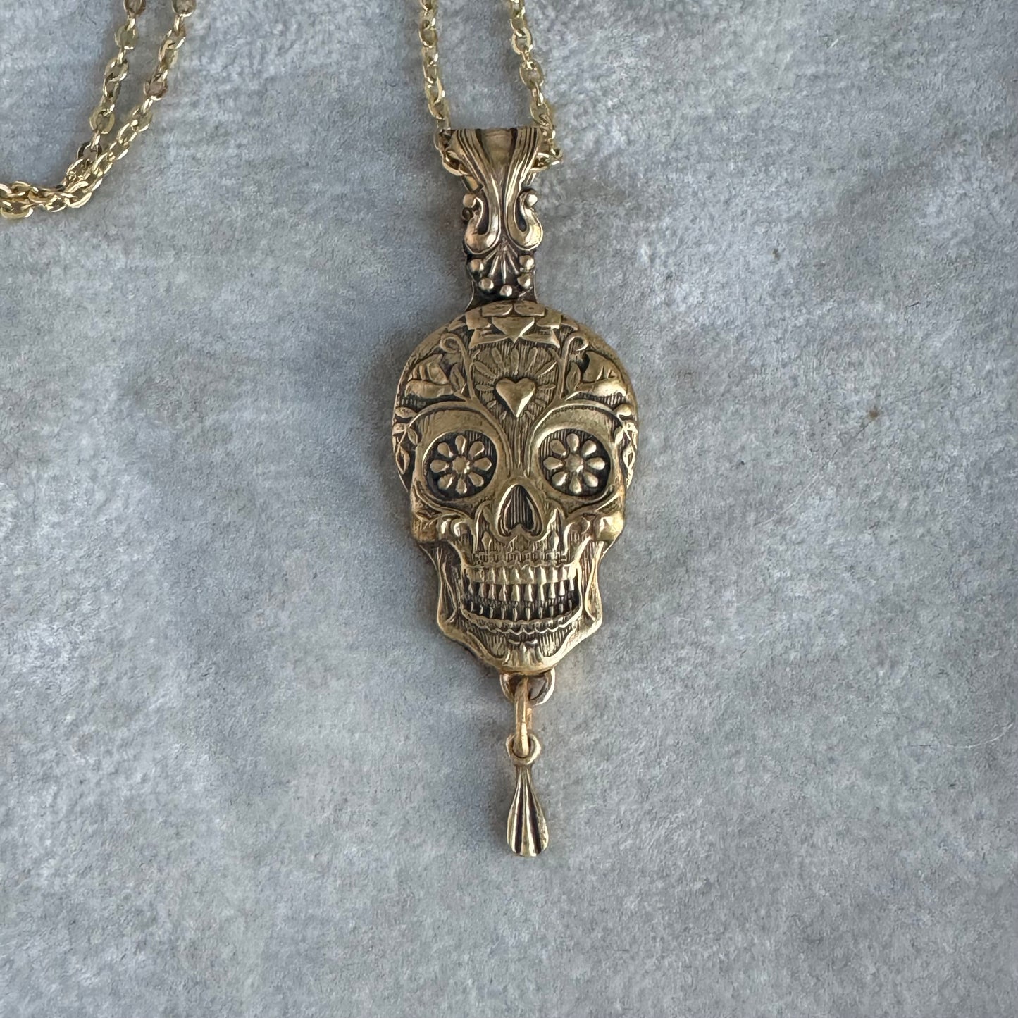 Sugar Skull artisan Day of the Dead artisan necklace in Nu Gold jewelers Brass