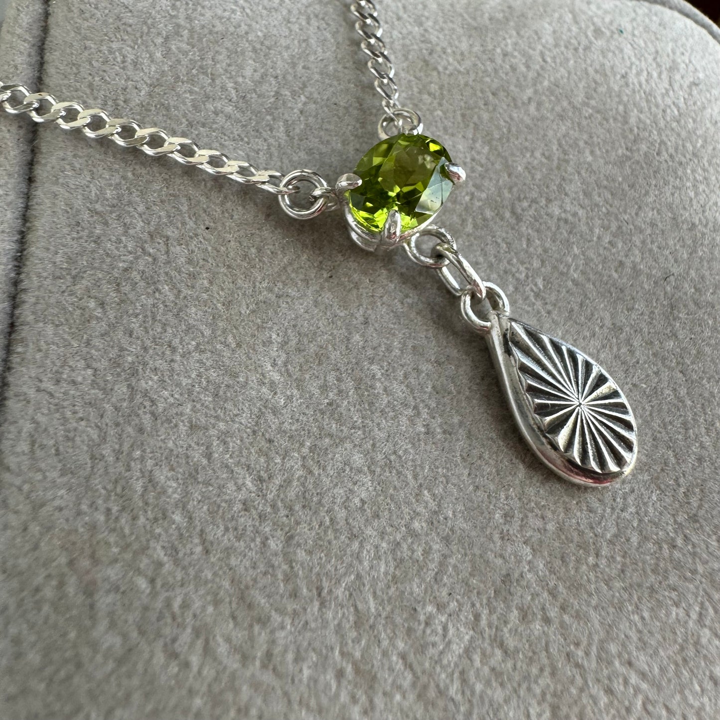 Art Deco 1ct green Peridot gemstone artisan necklace with radiant charm in Sterling Silver