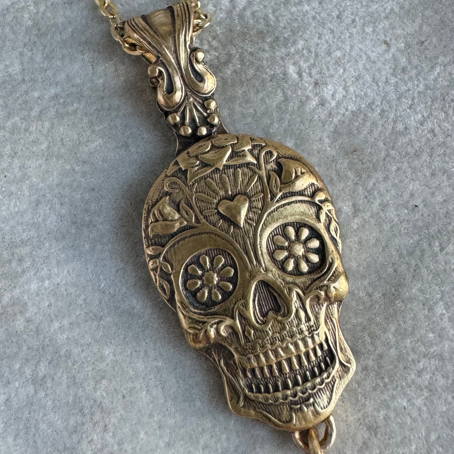 Sugar Skull artisan Day of the Dead artisan necklace in Nu Gold jewelers Brass