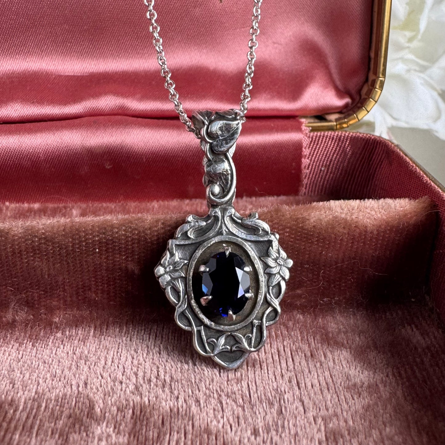 Victorian Gothic Garden blue Sapphire Artisan necklace in Sterling Silver
