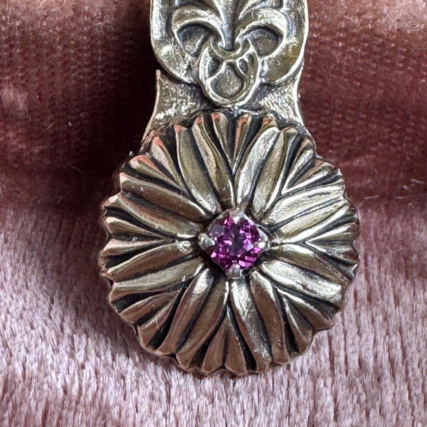 Heirloom Dahlia and Garnet artisan brass necklace