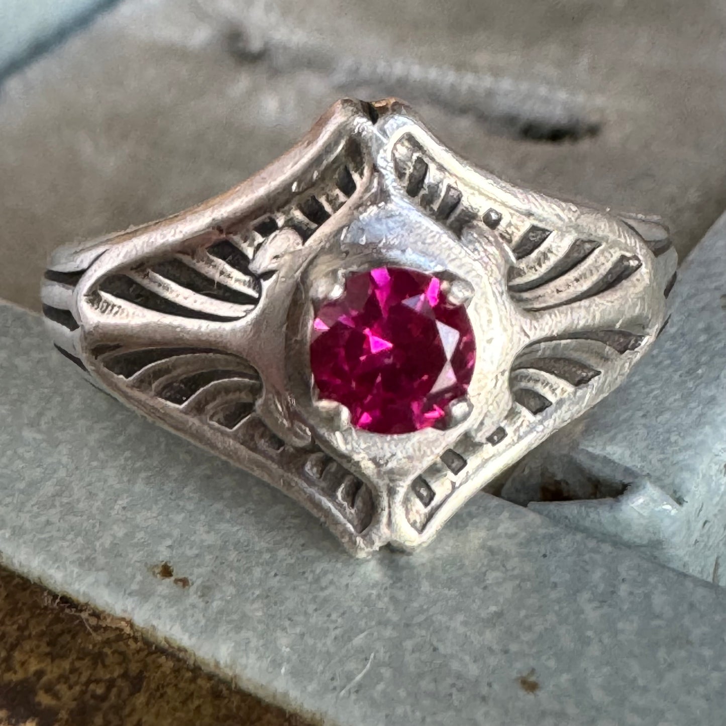 Art Deco Ruby artisan solitaire ring in Sterling Silver