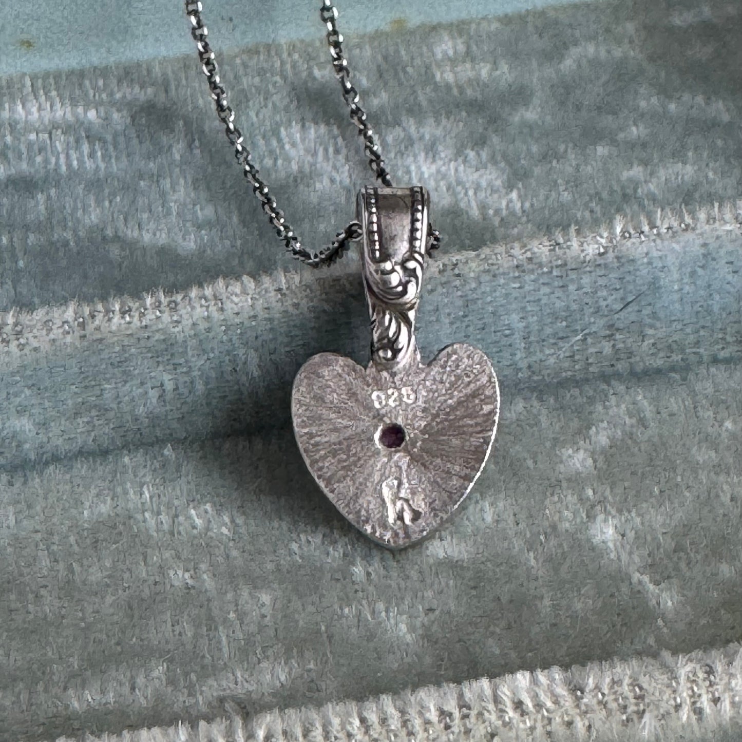 Victorian Gothic artisan Garnet heart necklace in Sterling Silver