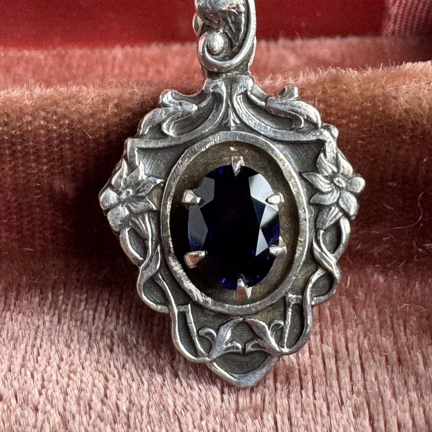Victorian Gothic Garden blue Sapphire Artisan necklace in Sterling Silver