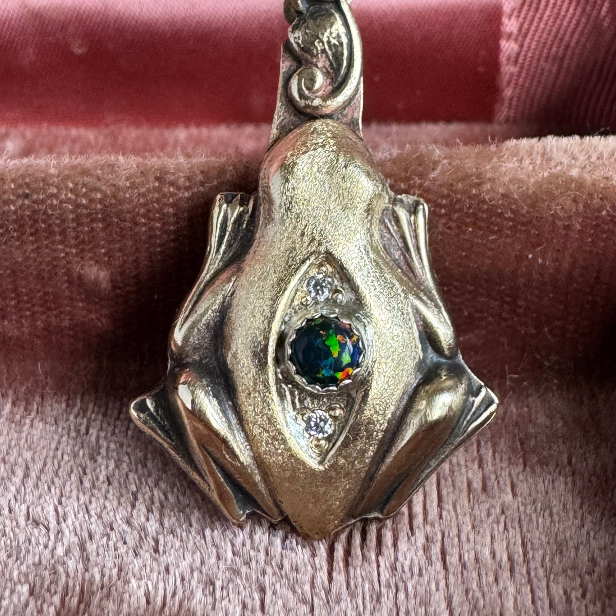Artisan Frog Black Kyocera Opal and Moissanite necklace in Brass