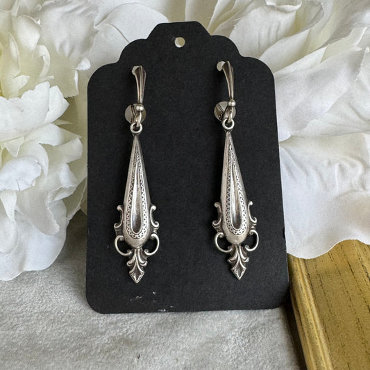 Victorian Gothic long drop artisan earrings in Sterling Silver