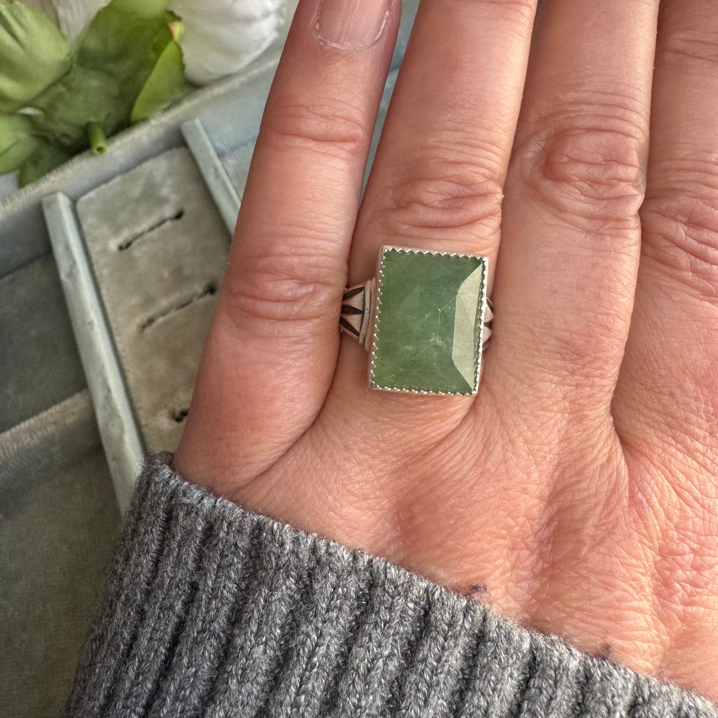 Art Deco Aventurine handmade cocktail ring in Sterling Silver