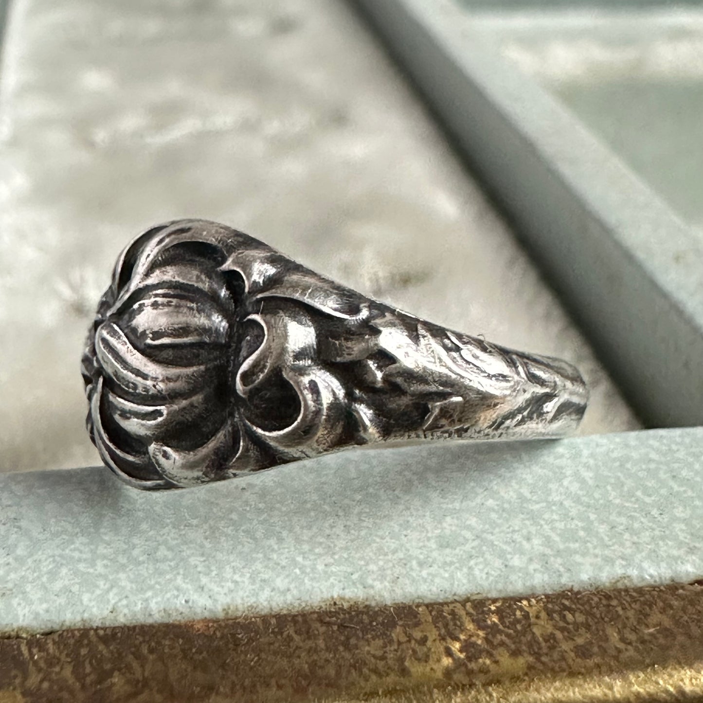 Vintage Chrysanthemum handmade heirloom flower ring in Sterling Silver