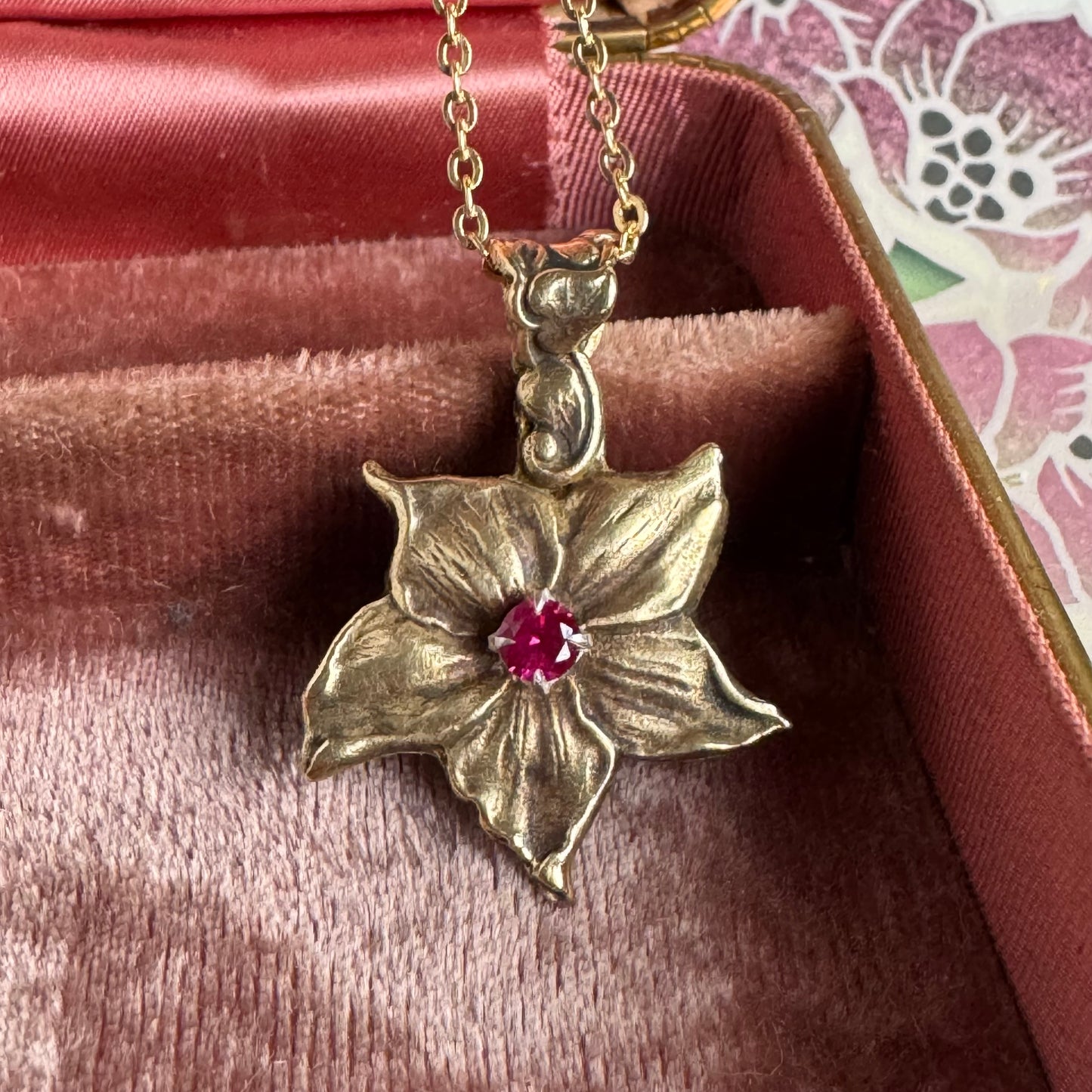 Art Nouveau Flower artisan Brass and Ruby gold necklace