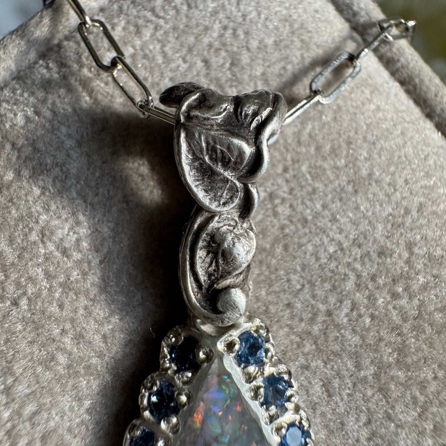 Botanical Art Nouveau artisan inlay Opal with blue Spinel necklace in Sterling Silver