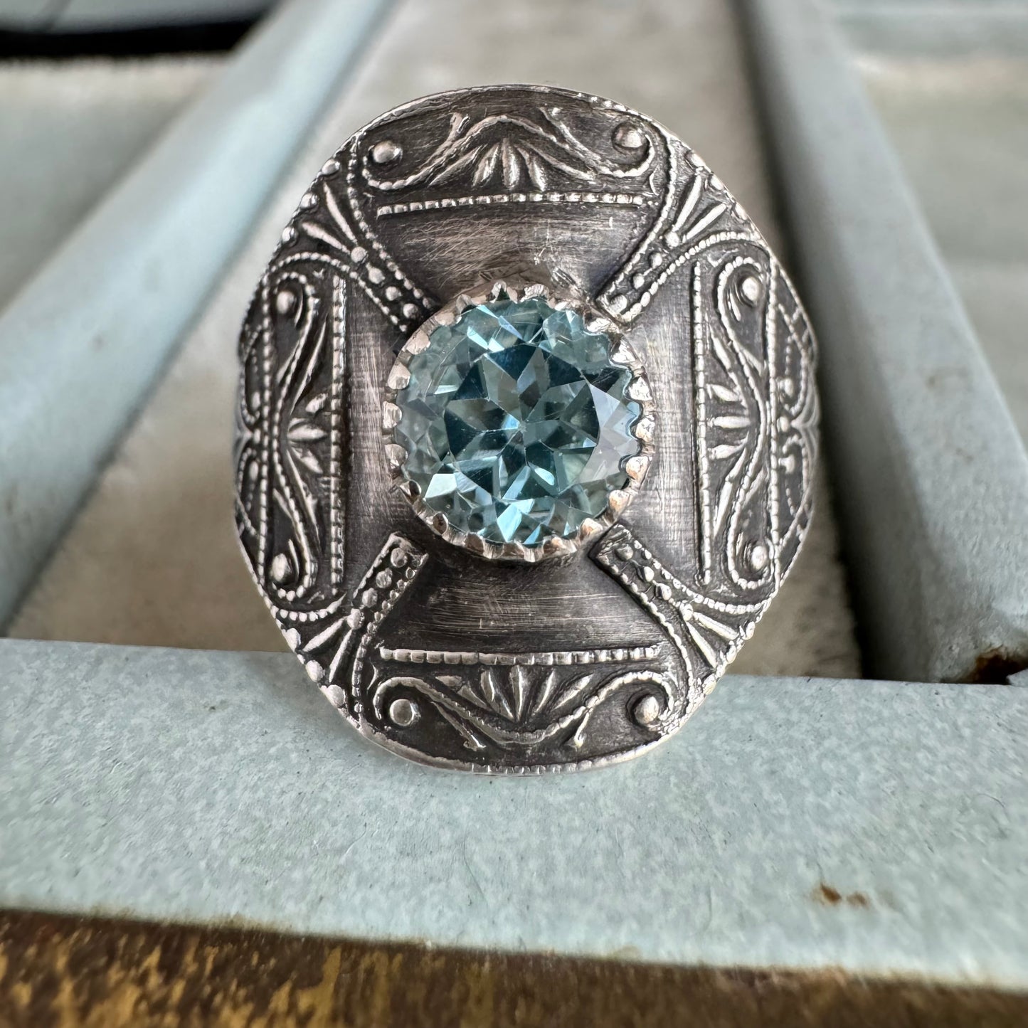 Art Deco filigree 1 carat Blue Topaz artisan cigar band ring in Sterling Silver