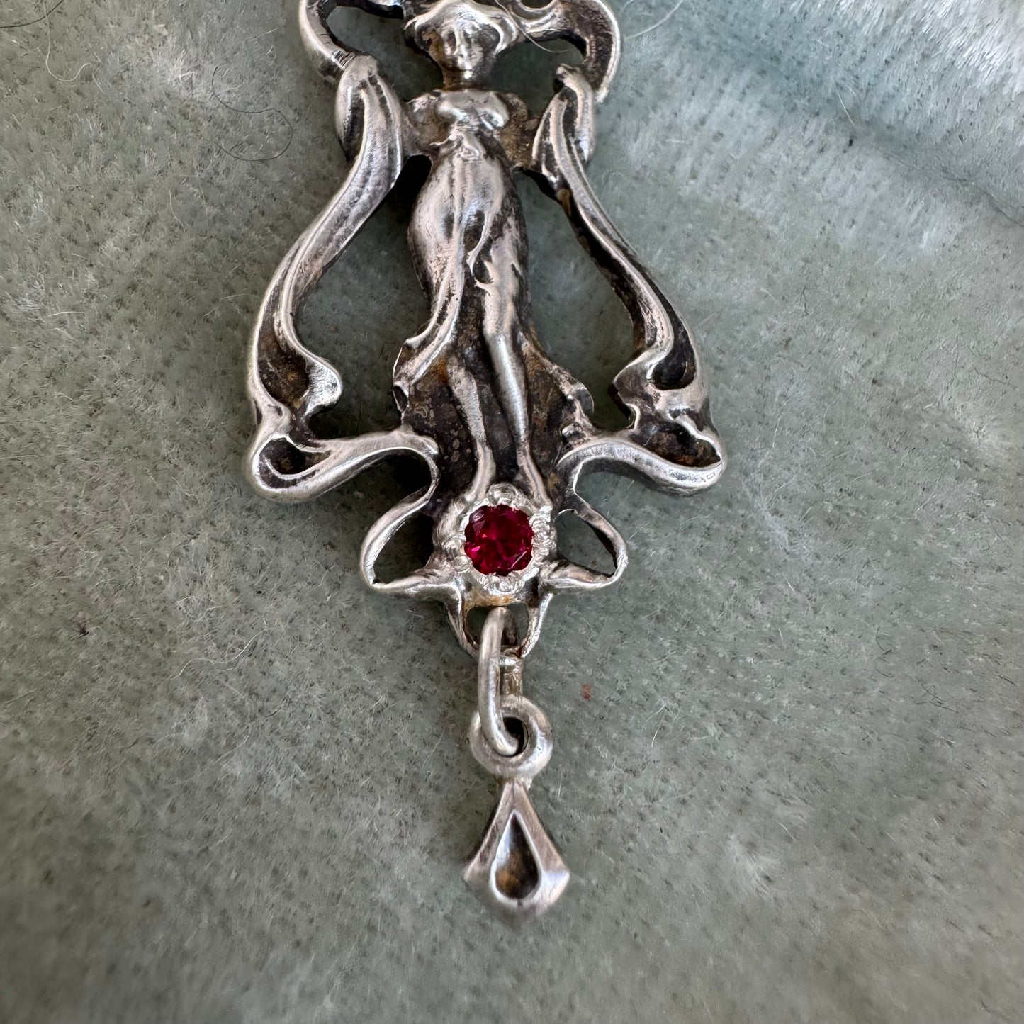 Art Nouveau Aphrodite artisan ruby lariat necklace in Sterling Silver