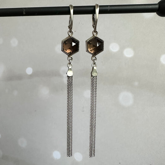 Smoky Quartz 7ct hexagon shoulder duster chain dangle drop artisan earrings in Sterling Silver