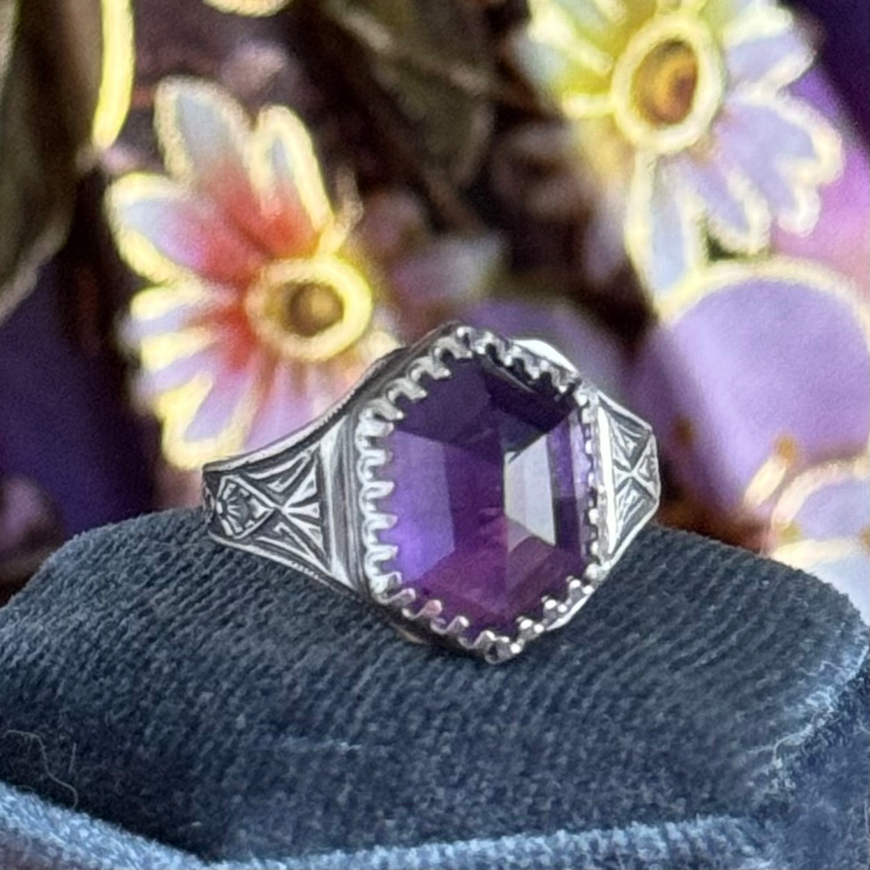 Art Deco antique inspired hexagon Amethyst artisan ring in Sterling Silver