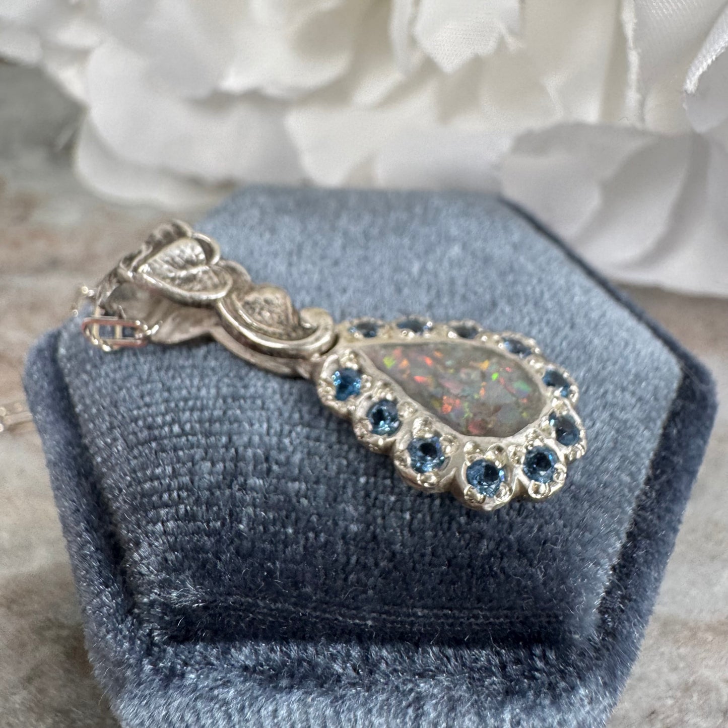 Botanical Art Nouveau artisan inlay Opal with blue Spinel necklace in Sterling Silver
