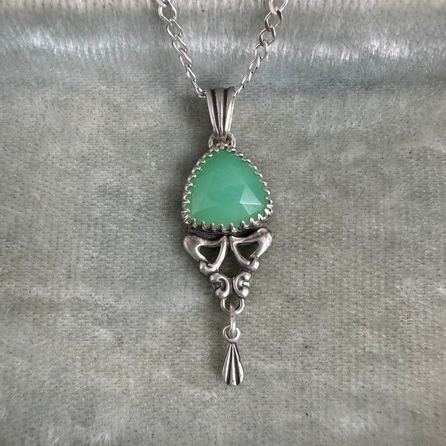 Art Nouveau trillion shaped Chrysoprase gemstone handmade necklace in Sterling Silver