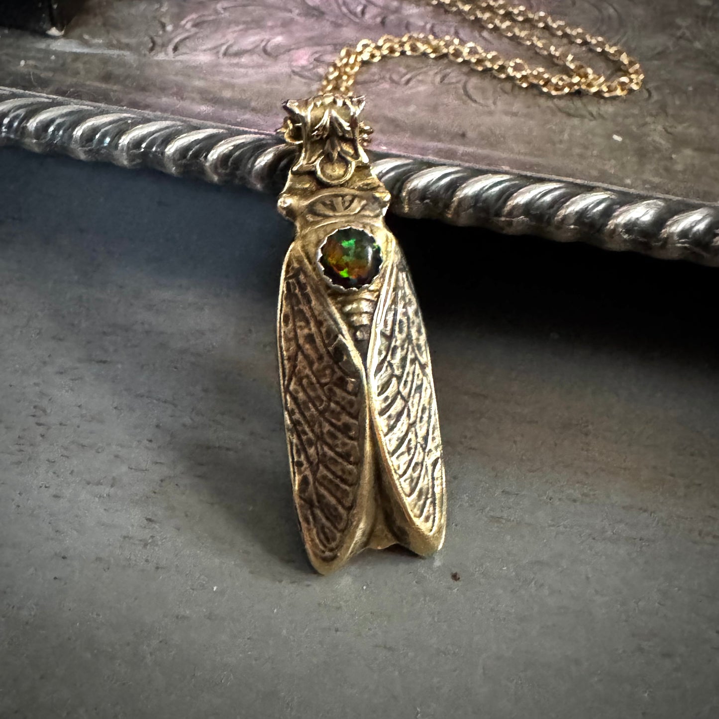 Cicada and Black Kyocera Opal brass artisan necklace
