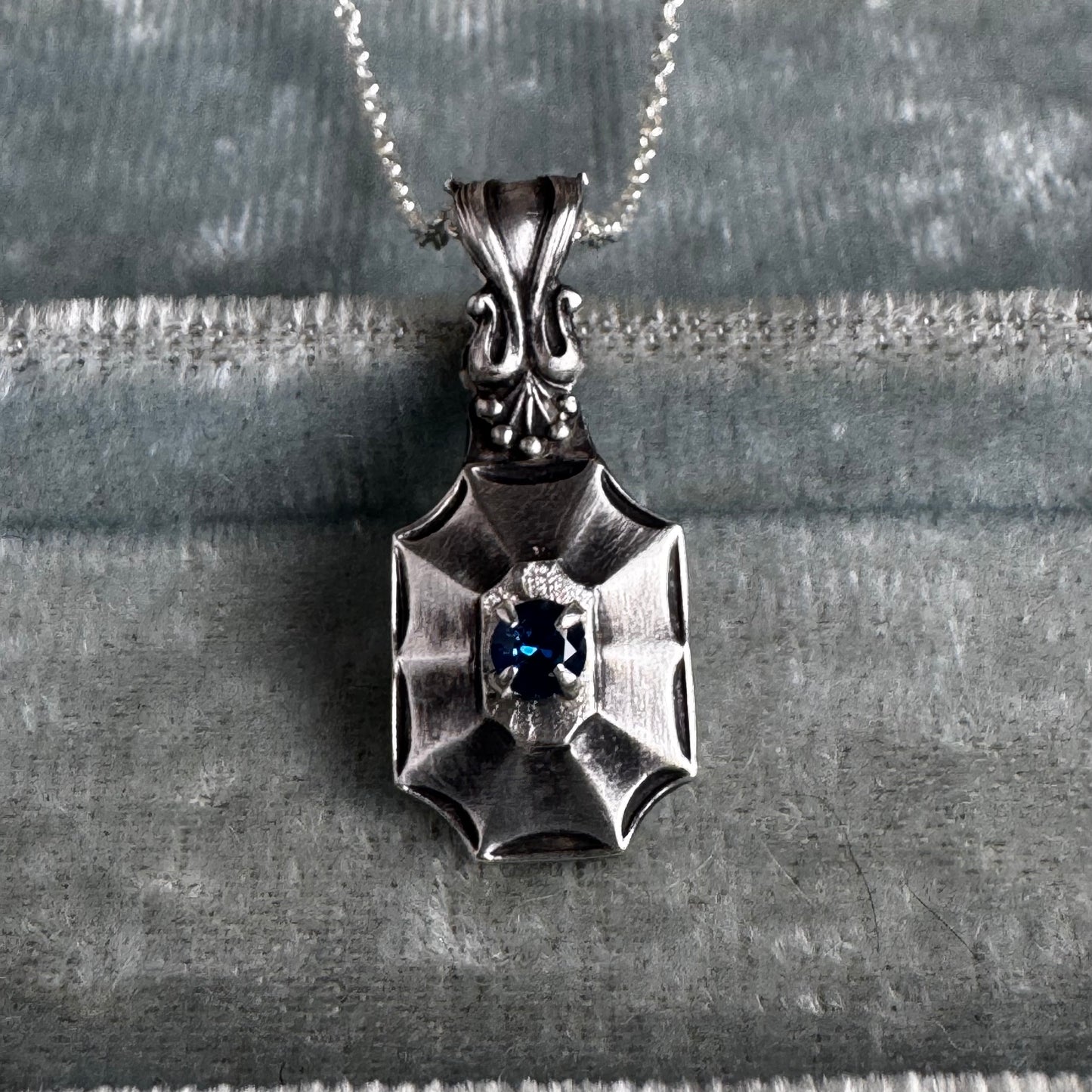 Victorian Gothic Starburst sapphire blue Spinel artisan Sterling Silver necklace