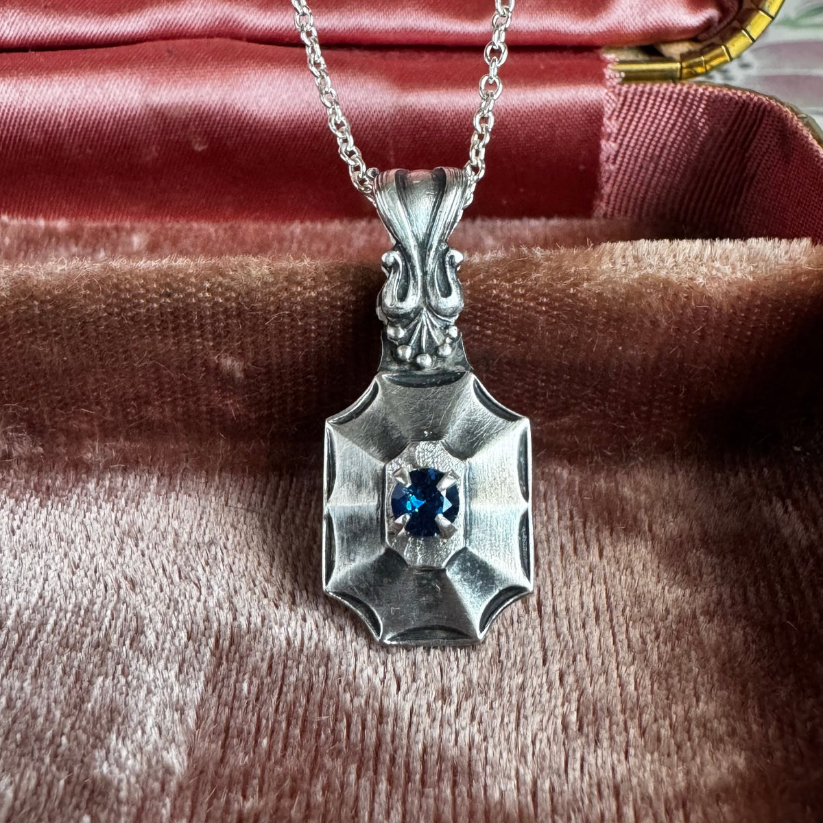 Victorian Gothic Starburst sapphire blue Spinel artisan Sterling Silver necklace