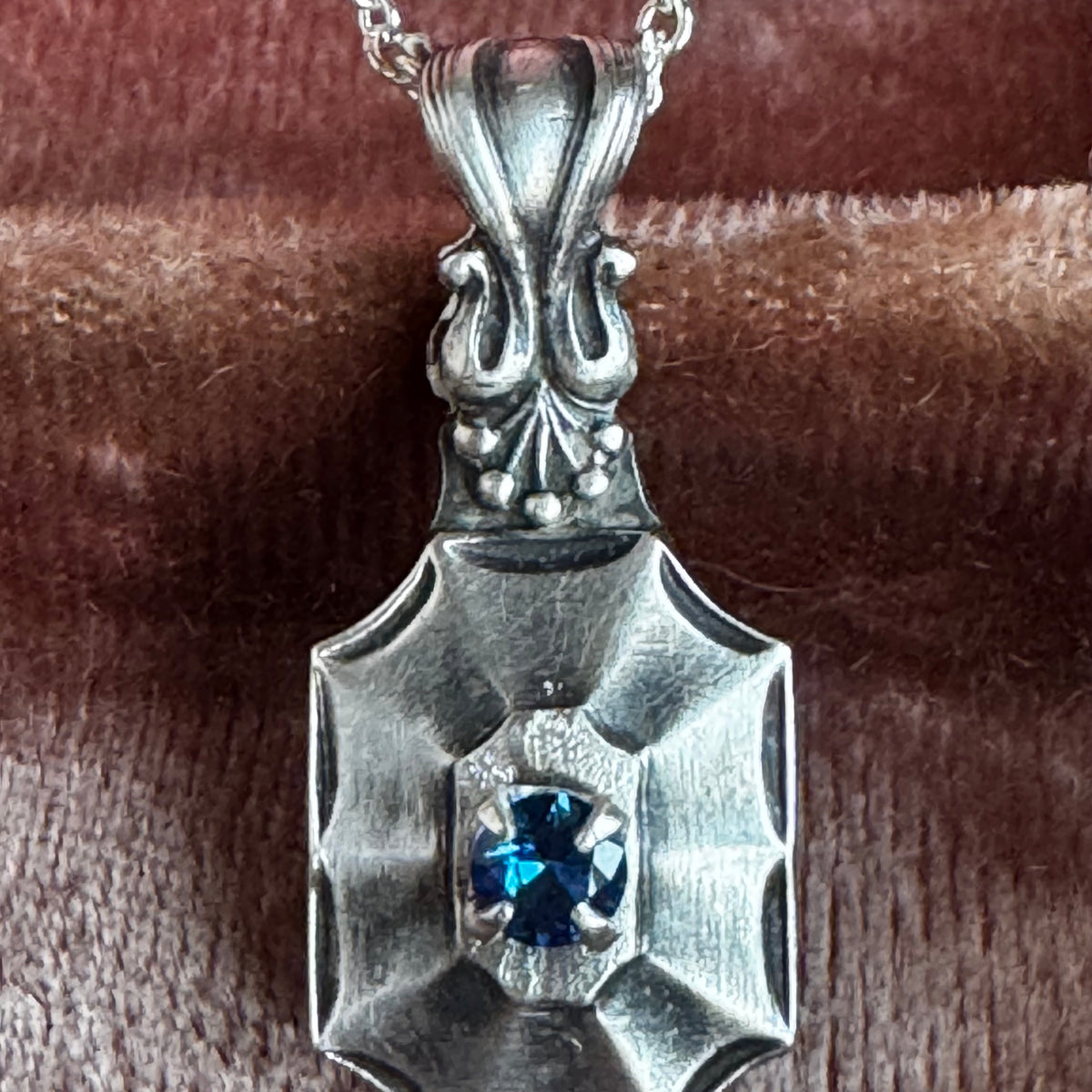 Victorian Gothic Starburst sapphire blue Spinel artisan Sterling Silver necklace
