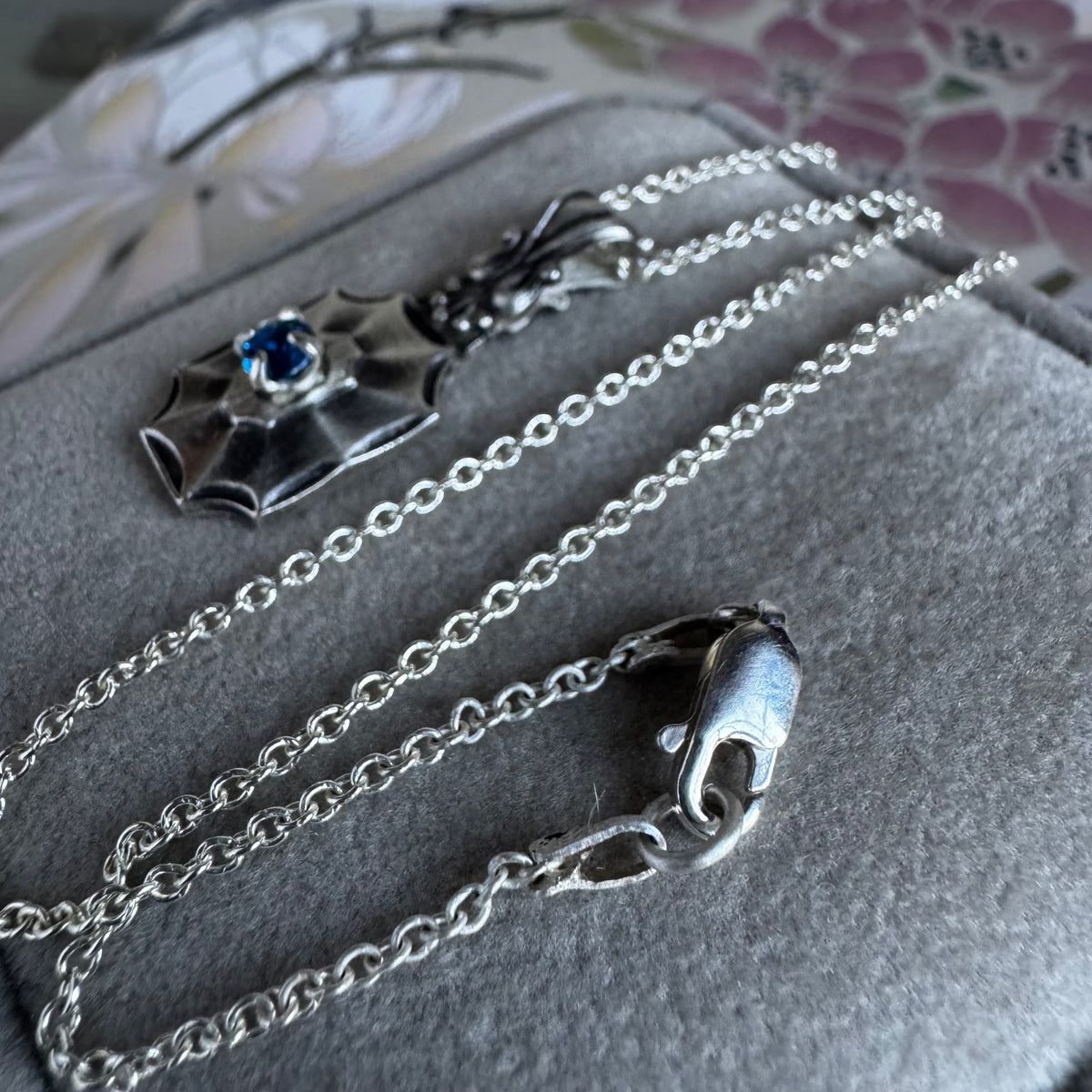 Victorian Gothic Starburst sapphire blue Spinel artisan Sterling Silver necklace
