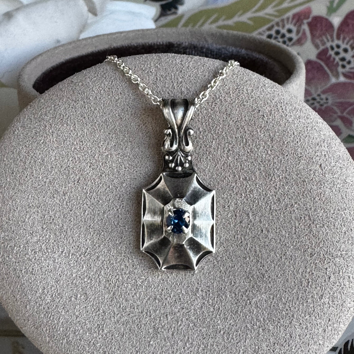Victorian Gothic Starburst sapphire blue Spinel artisan Sterling Silver necklace