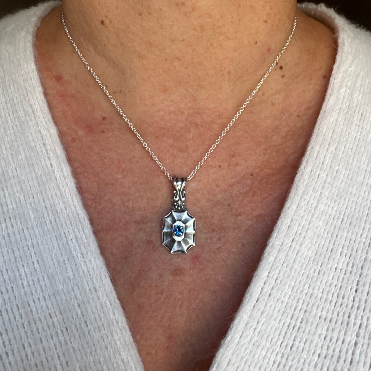 Victorian Gothic Starburst sapphire blue Spinel artisan Sterling Silver necklace
