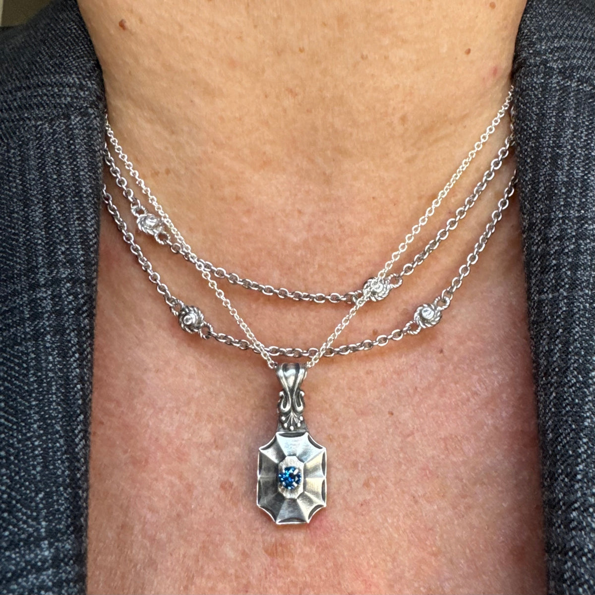 Victorian Gothic Starburst sapphire blue Spinel artisan Sterling Silver necklace