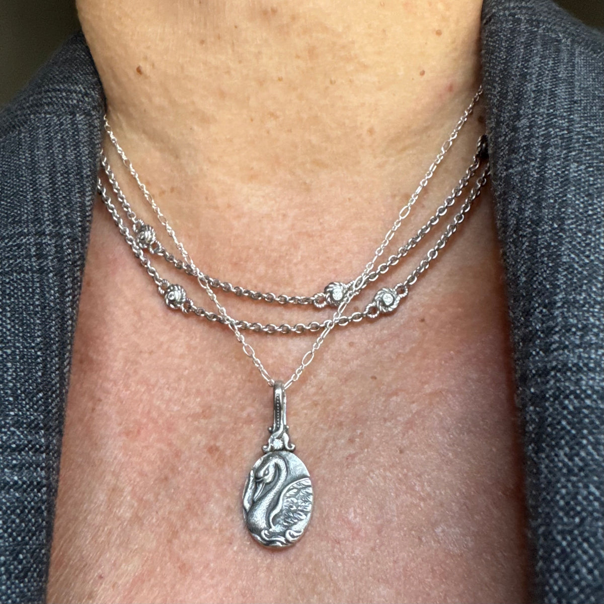 Victorian Swan and Moissanite Artisan Sterling Silver necklace