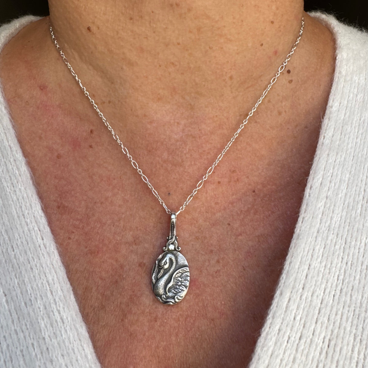 Victorian Swan and Moissanite Artisan Sterling Silver necklace