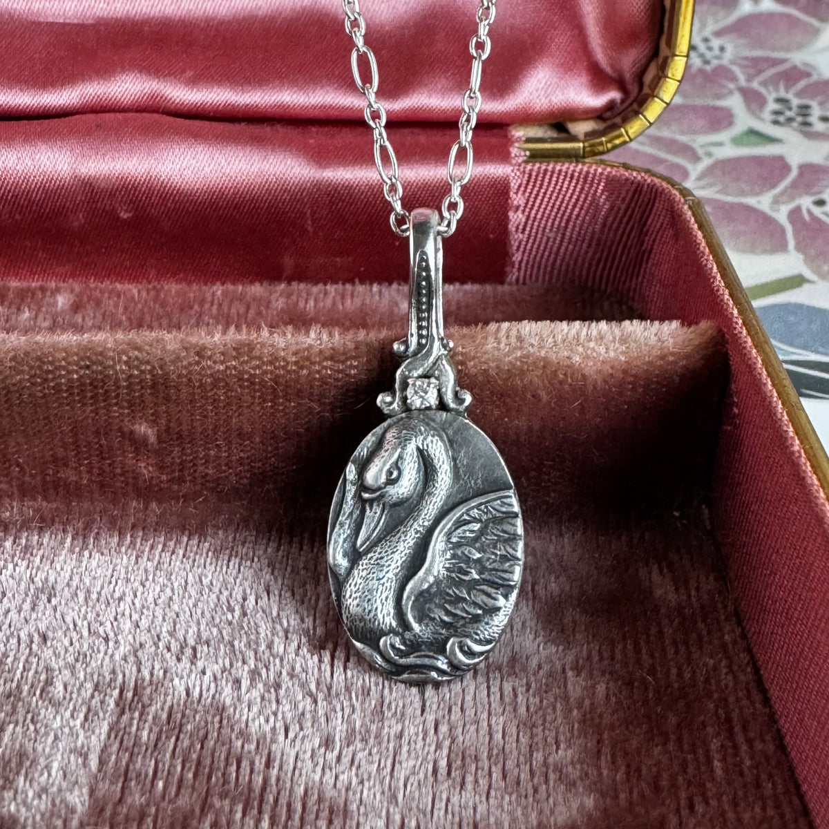 Victorian Swan and Moissanite Artisan Sterling Silver necklace