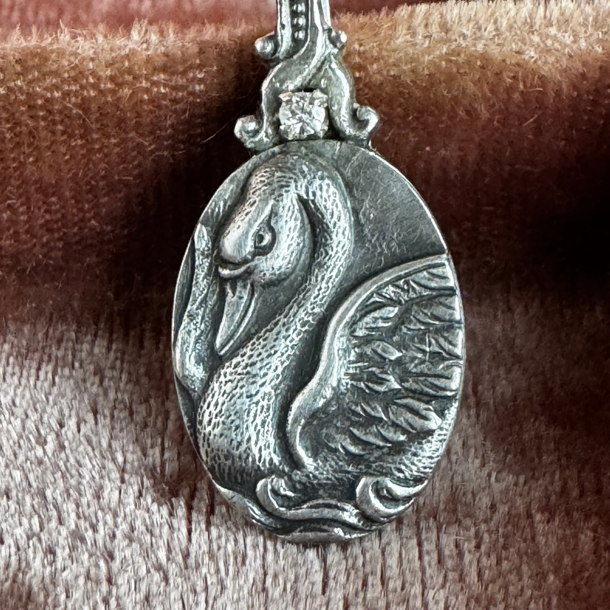 Victorian Swan and Moissanite Artisan Sterling Silver necklace
