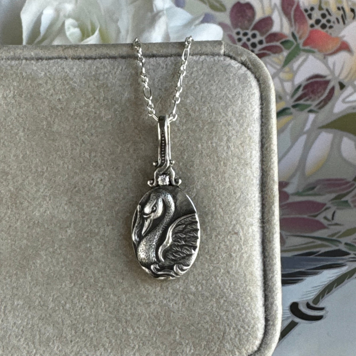 Victorian Swan and Moissanite Artisan Sterling Silver necklace