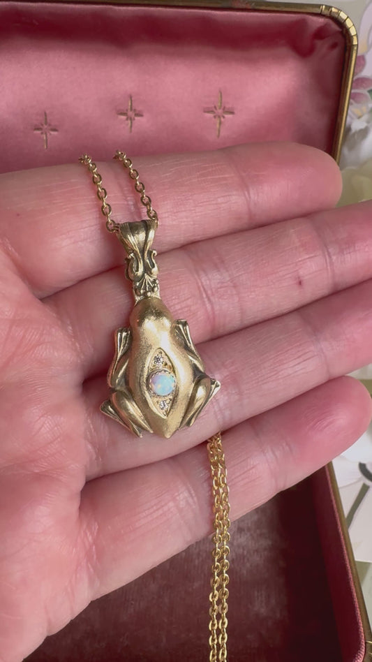 Victorian Frog artisan Opal and Brass necklace