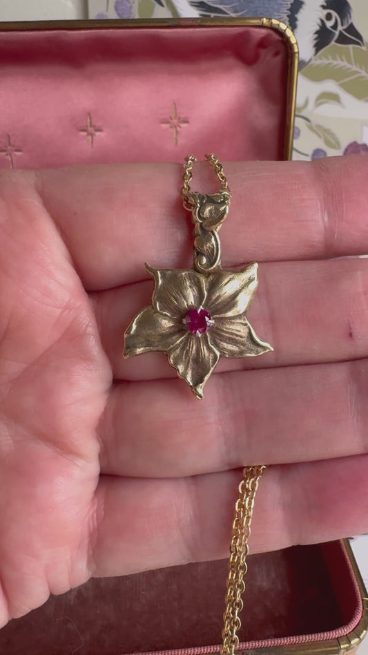 Art Nouveau Flower artisan Brass and Ruby gold necklace